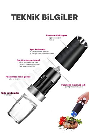 Otomatik Sensörlü Karabiber Tuz Değirmeni Seramik Bıçaklı Baharat Öğütücü LED Işıklı 5 Kademeli