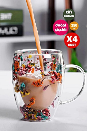 4'lü Çift Cidarlı Flower Cup 350ml Çiçekli Bardak Kahve Çay Bardağı El Yapımı Kulplu Cam Bardak Set