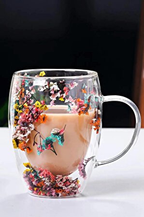 4'lü Çift Cidarlı Flower Cup 350ml Çiçekli Bardak Kahve Çay Bardağı El Yapımı Kulplu Cam Bardak Set