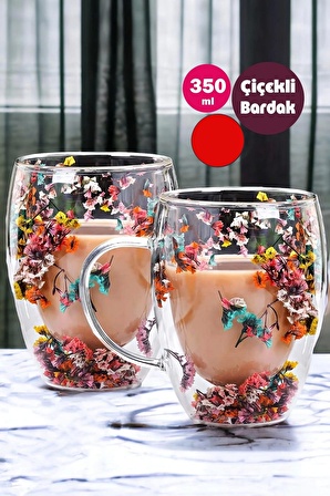 4'lü Çift Cidarlı Flower Cup 350ml Çiçekli Bardak Kahve Çay Bardağı El Yapımı Kulplu Cam Bardak Set