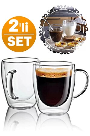 Çift Cidarlı Bardak Cam Kupa 310 ml Ev Ofis Espresso Kahve Fincanı Borosilikat Kulplu Çay Bardağı