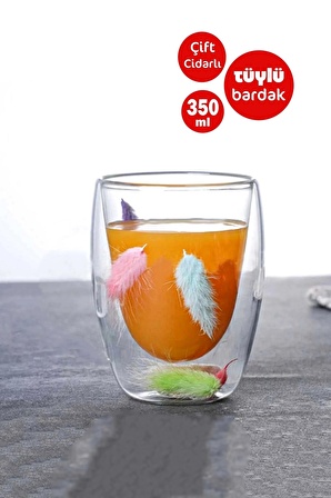 Çift Cidarlı Tüylü Cup 350ml Bardak Kahve Çay Bardağı El Yapımı Isıya Dayanıklı Dekor Cam Bardak