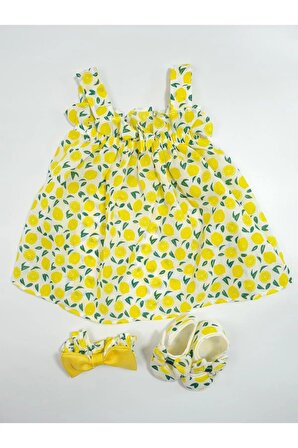 Kız Bebek Limon Baskılı Elbise (FİYONKLU BANDANA VE AYAKKABI) 3'lü Takım