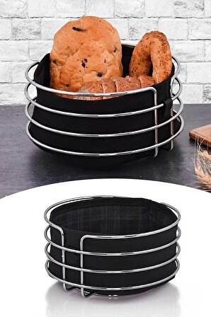 Metal Ekmeklik Paslanmaz Krom Şeritli Siyah Kumaş Yuvarlak Ekmeklik