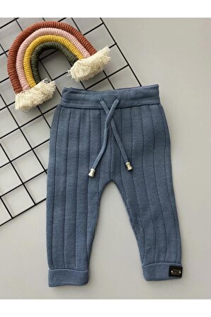 Indigo Rengi Bağcıklı Unisex Bebek Triko Tayt Pantolon