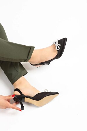 Glasty Siyah Saten Fiyonk Taş Detay Kadın Topuklu Ayakkabı