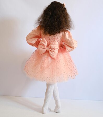 Kız Çocuk Somon Parıltılı Pufuduk Kabarık Kloş Elbise Klips Toka Hediyeli