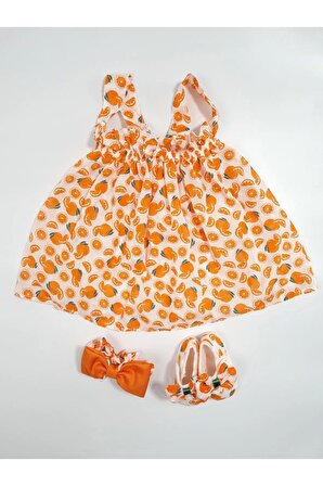 Kız Bebek Portakal Baskılı Elbise (fiyonklu Bandana Ve Ayakkabı) 3'lü Takım