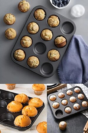 12 Bölmeli Muffin Kek Kalıbı 2 Li Set Yanmaz Yapışmaz Çörek Cupcake - 2 Lİ