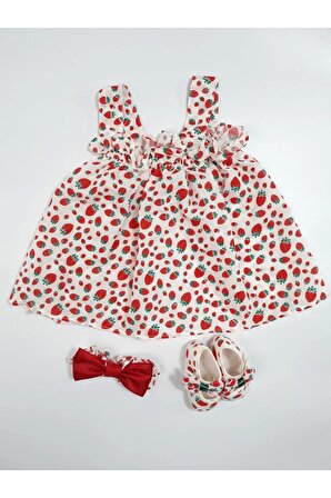 Kız Bebek Çilek Baskılı Elbise (fiyonklu Bandana Ve Ayakkabı ) 3'lü Takım