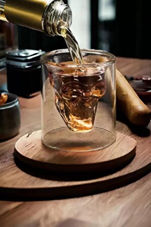 3'lü Kuru Kafa Tasarımlı Çift Cidarlı Cam Bardak Kahve Sunum Bar Kokteyl Bardağı