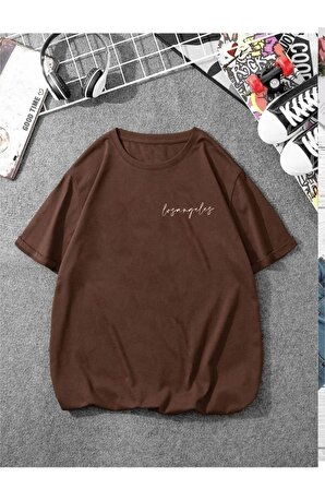 Kadın Kahverengi Los Angeles Baskılı Oversize Bisiklet Yaka T-shirt