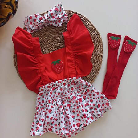 MARS BABY Kız Bebek Kırmızı Çilek Desenli Fırfırlı Salopet Bandana Figürlü Çorap Takım