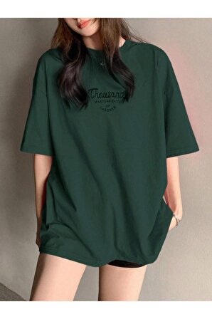 Kadın Yeşil Thousand Baskılı Oversize T-shirt