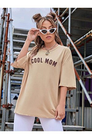 Kadın Bej Cool Mom Baskılı Oversize Bisiklet Yaka T-shirt