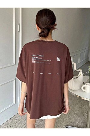 Kadın Kahverengi Life Sırt Baskılı Oversize Bisiklet Yaka T-shirt