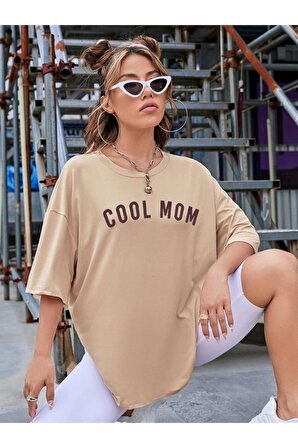 Kadın Bej Cool Mom Baskılı Oversize Bisiklet Yaka T-shirt