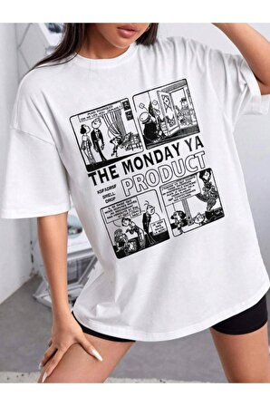 Kadın Beyaz The Monday Baskılı Oversize T-shirt