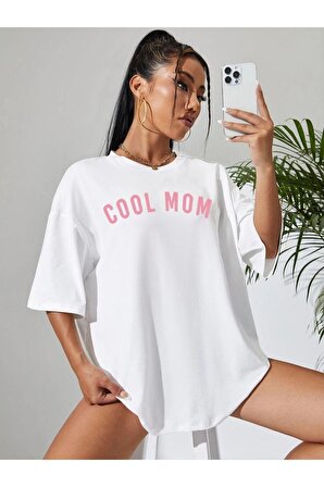 Kadın Beyaz Cool Mom Baskılı Oversize Bisiklet Yaka T-shirt