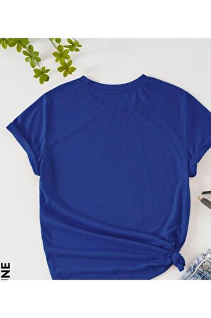 Kadın Saks Mavi Kedi Cep Baskılı Oversize T-shirt