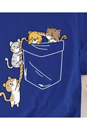 Kadın Saks Mavi Kedi Cep Baskılı Oversize T-shirt