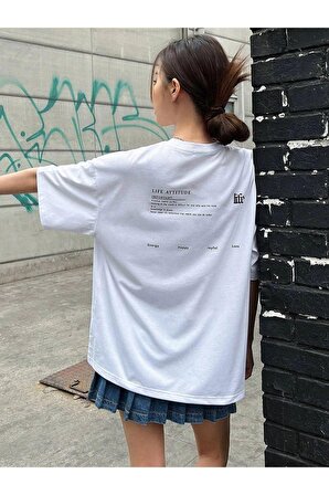 Kadın Beyaz Life Sırt Baskılı Oversize Bisiklet Yaka T-shirt