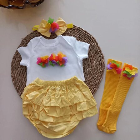 MARS BABY Kız Bebek Sarı Potpori Fırfırşort Etek Bandana Çorap Takım