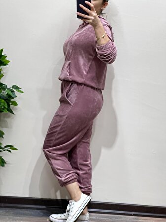Fransız Kadife Kanguru Cep Kadın Eşofman Takımı Gül Rengi