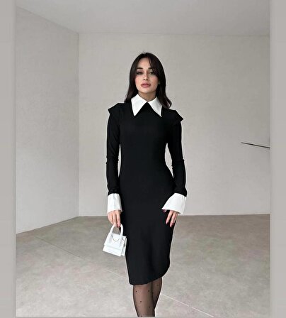 Kadın Siyah Gömlek Yaka Ottoman Kumaş Midi Elbise