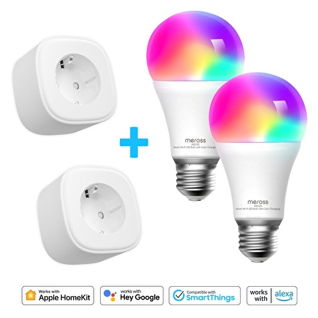 Meross Wi-Fi Uzaktan Kontrollü Akıllı 2li RGB LED Ampul Ve 2li Akım Korumalı Tekli Priz Seti