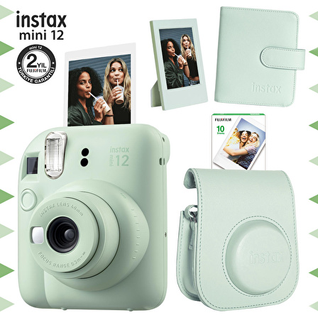 Instax mini 12 Yeşil Fotoğraf Makinesi-10'lu Film-Çerçeve-Kare Albüm ve Deri Kılıf Seti