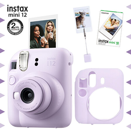 Instax mini 12 Lila Fotoğraf Makinesi-10'lu Film-Kıskaçlı Resim Standı ve Silikon Kılıf Seti