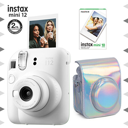 Instax mini 12 Beyaz Fotoğraf Makinesi-10'lu Film ve Parlak Kılıf Seti