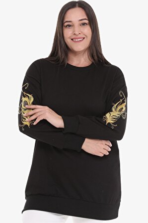 Kadın Büyük Beden Kolu Nakışlı Siyah Sweatshirt