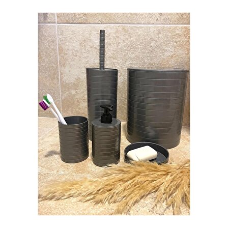 Banyo Seti 5'li Gri Çöp Kovası Wc Fırçalık Sıvı Sabunluk Katı Sabunluk