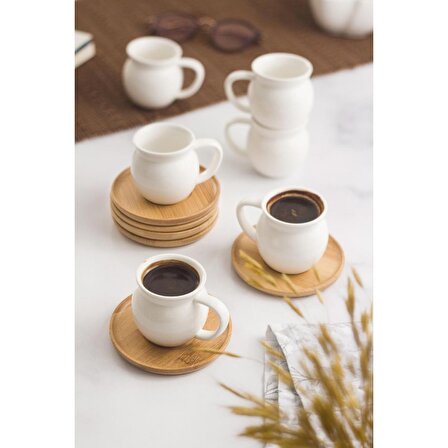 Bambu Tabaklı Porselen 6 Lı Kahve Fincanı Seti