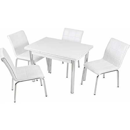 Yandan Açılır Cam Mutfak Masa Takımı 4 Sandalye 60x90cm Beyaz Takım