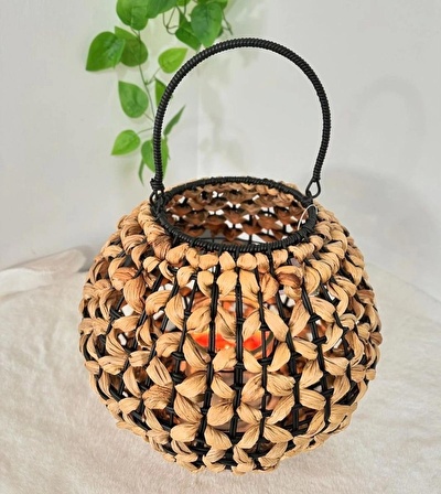 Dekoratif Yuvarlak Siyah Örme Rattan Fener 25 cm