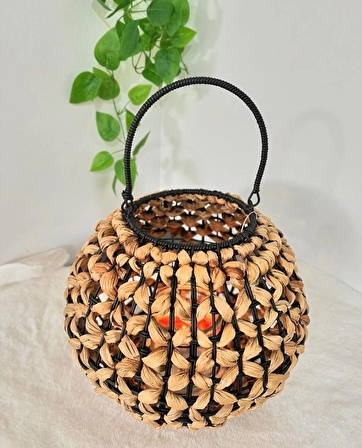 Dekoratif Yuvarlak Siyah Örme Rattan Fener 25 cm