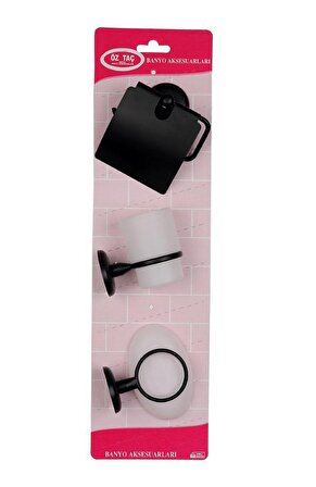Banyo Aksesuarı Cam 3 lü Set Yapışkanlı Kağıtlığı +Sabunluk + Diş Fırçalık Siyah Yapışkanlı