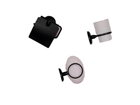 Banyo Aksesuarı 3 lü Set Tuvalet Kağıtlıgı +Sabunluk + Diş Fırçalık Plastik Siyah Duvara Monte