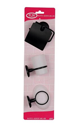 Banyo Aksesuarı 3 lü Set Tuvalet Kağıtlıgı +Sabunluk + Diş Fırçalık Plastik Siyah Duvara Monte