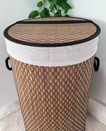 Dekoratif Kulplu Bambu Katlanır Çamaşır Sepeti 35x61cm Karışık Desenli