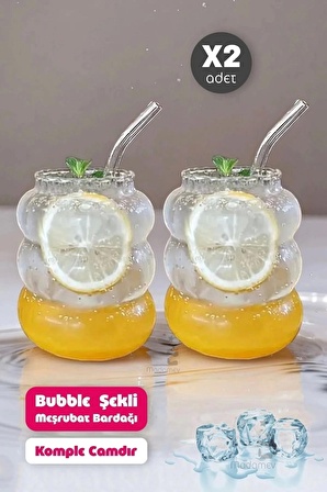 2li Bubble Şekli Pipetli Cam Bardak Limonata Meşrubat Kokteyl Kahve Sunum Baloncuk Bardağı 500 ml