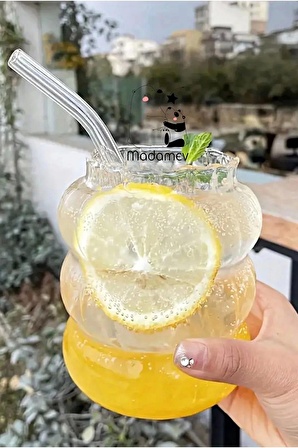 2li Bubble Şekli Pipetli Cam Bardak Limonata Meşrubat Kokteyl Kahve Sunum Baloncuk Bardağı 500 ml