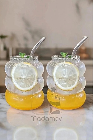 4lü Bubble Şekli Pipetli Cam Bardak Limonata Meşrubat Kokteyl Kahve Sunum Baloncuk Bardağı 500 ml.