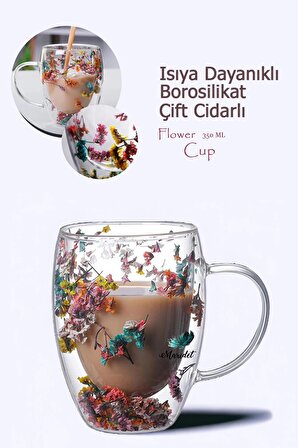 Isıya Dayanıklı Borosilikat Çift Çidarlı Çiçekli Bardak | Çiçekli Kahve Sunum Bardağı 350 ML