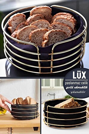 Gold Ekmeklik Paslanmaz Krom Ekmek Sepeti Oval Kutu Yıkanabilir Siyah Kumaş Ekmeklik Siyah Gold