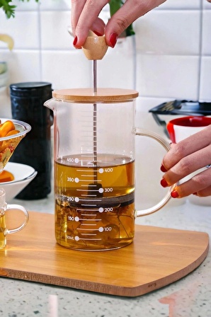 3'ü 1 Arada Borosilikat Bambu French Press - Bitki Çayı Pressi Filtre Kahve Demliği - 600 ML