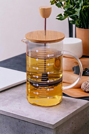 Borosilikat Bambu French Press - Bitki Çayı Pressi Filtre Kahve Demliği - 600 ML